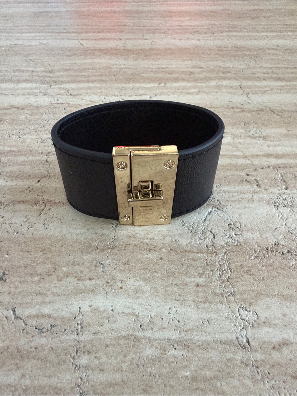 White House Black Market Black Leather Cuff Bracelet with Gold Lock